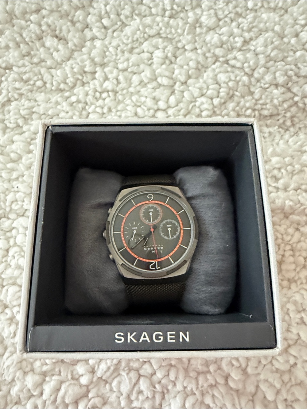 Skagen Black Dial Men's Mesh Band Watch with Orange Accents